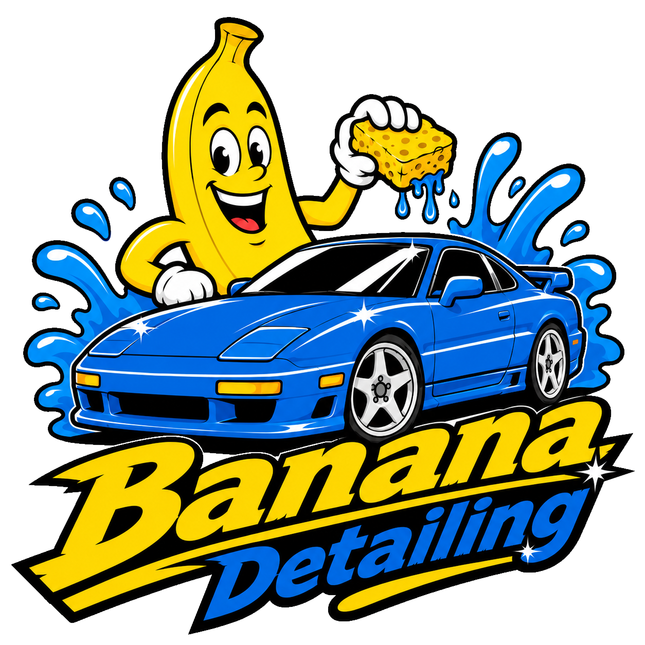 Banana Detailing, banana mascot washing a car logo